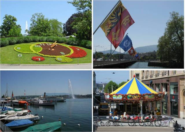 Walking around by the waterfront in the sunshine to see the UN flags, flower clock and lake