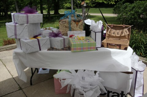 The crazy pile of gifts, some with map paper, some in little 'trunks' and then a pretty trunk with homemade 'card' label for the cards, which we will also use at the wedding!