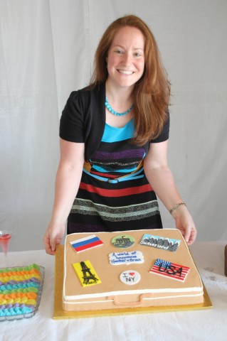 One of my favorite bakeries in Akron called West Side Bakery, made this cake, as arranged by my future mother-in-law--a suitcase with international stamps! Half strawberries and cream and half vanilla with toffee filling--delicious!