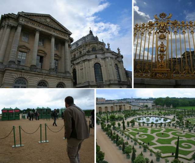 A bit of blue sky through the clouds at Versailles, the fiance about to rush in when the gates opened for free tours of the gardens at 6 p.m. and the overlook of beautiful landscaping.