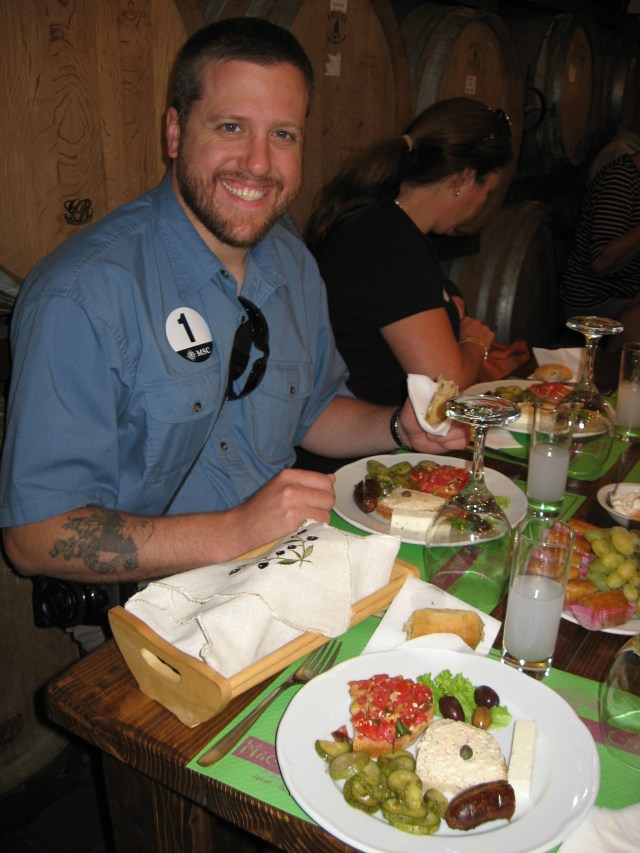 Our 'snack' turned out to be a full blown meal of meat, delicious bread and feta spreads, olives, backlava and more
