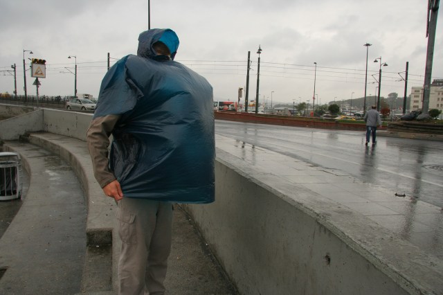 One of my favorites of the hubby, ready for the Spice Market and a chance to get out of the wet