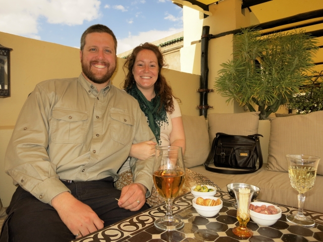 Enjoying a mid-afternoon break on the rooftop patio of our riad in Fes