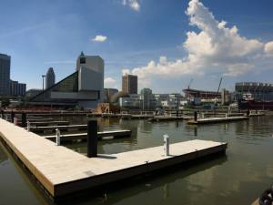 The Rock and Roll Hall of Fame and docks from the Goodtime III